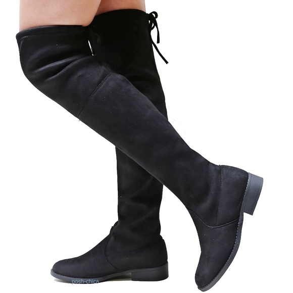 Shoes - Women's Black Over-the-Knee Suede Boots with Tie-Back